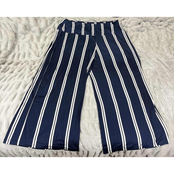 Womens Palazzo Pants Size 2X 3X Navy White Striped Wide Leg Pull On Stretch Plus - Picture 1 of 5